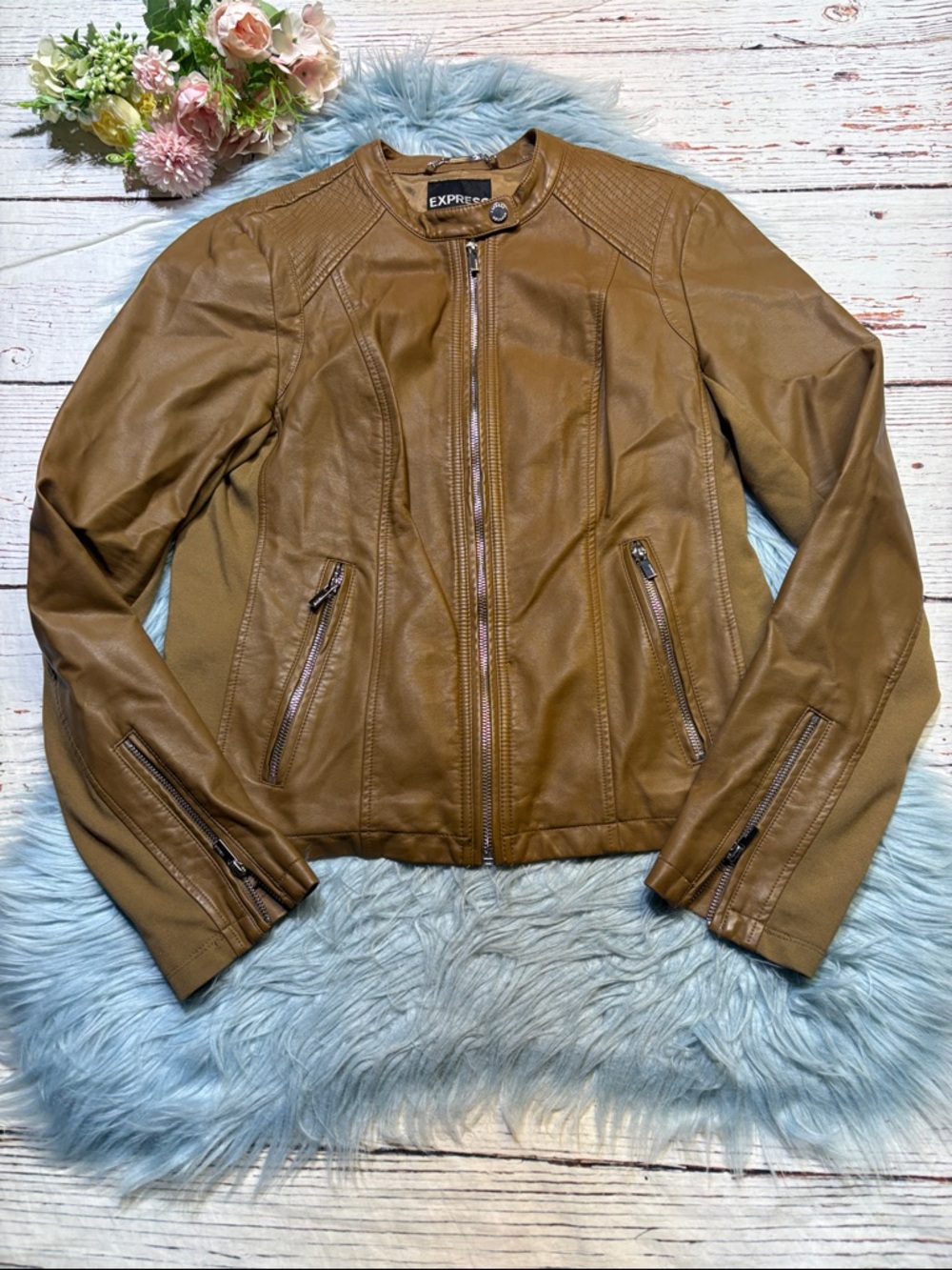 Express Tan Faux Leather Moto Jacket sz L